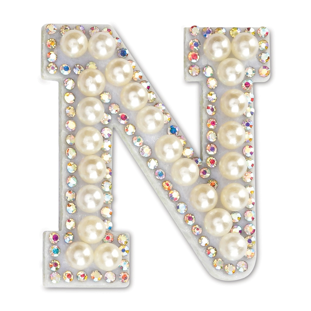 N Alphabet Pretty Pearl Bead Iron On Patch