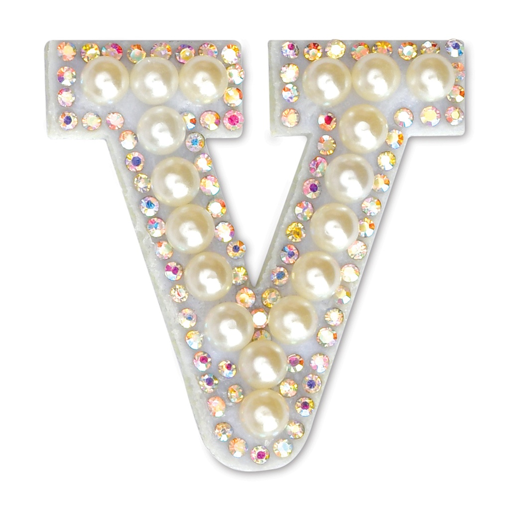 V Alphabet Pretty Pearl Bead Iron On Patch