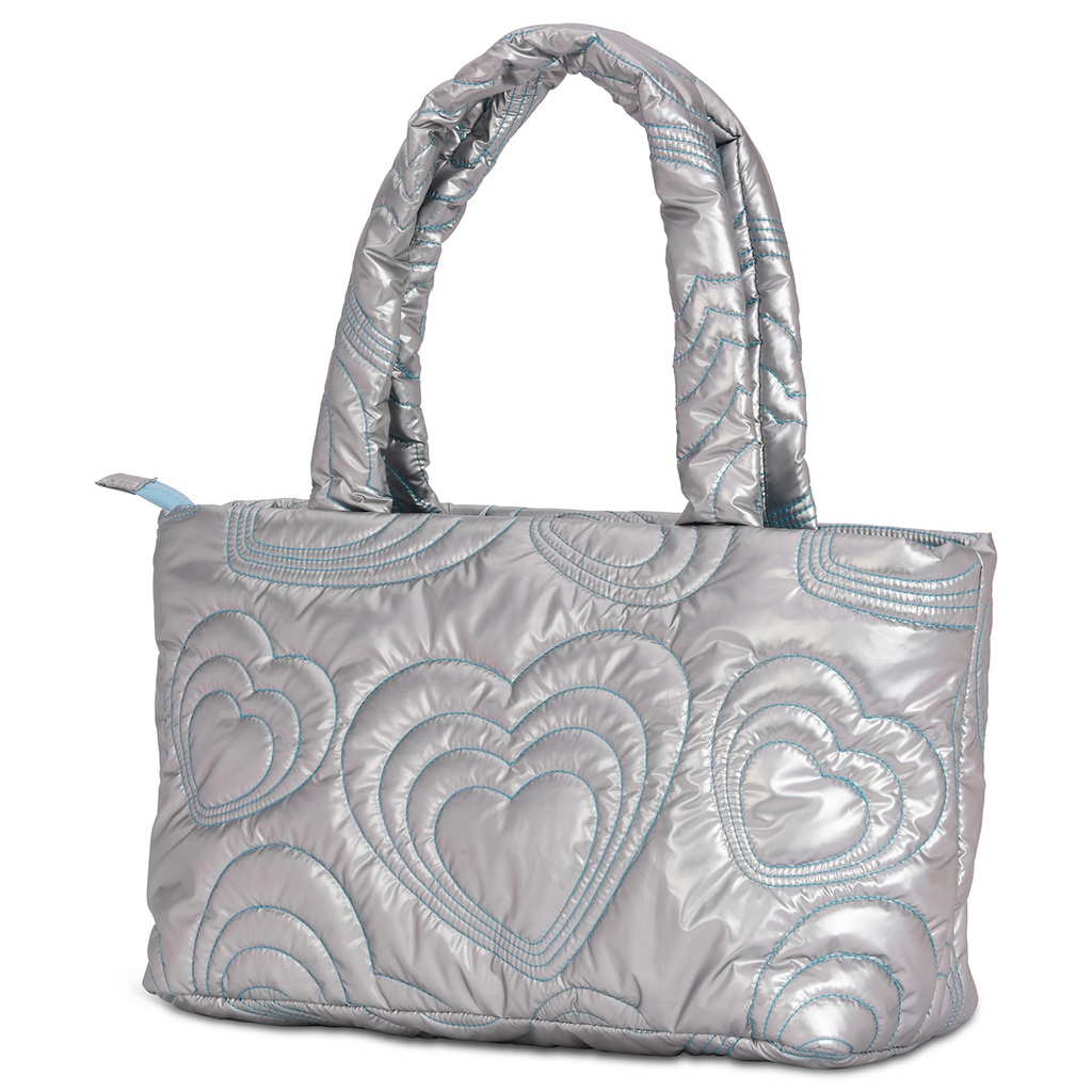 Silver Shining Heart Puffy Overnight Bag