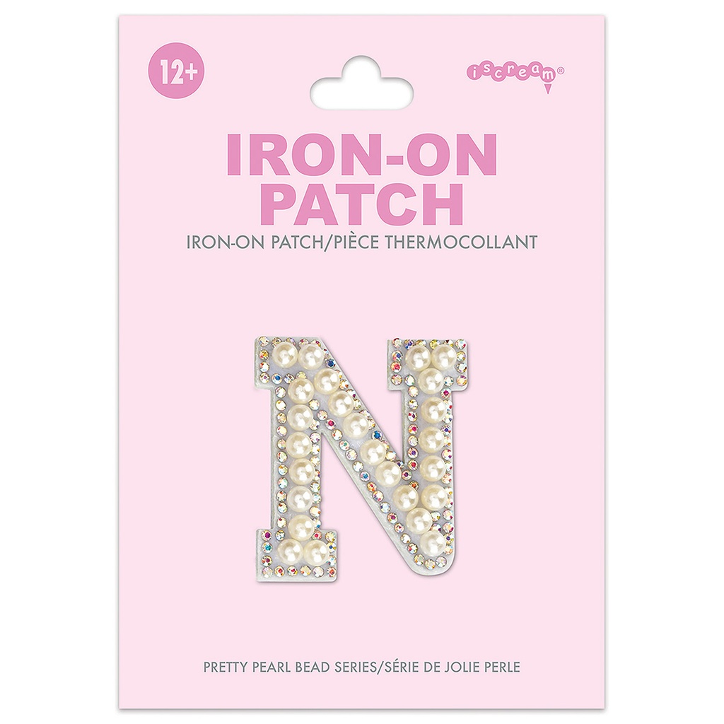 N Alphabet Pretty Pearl Bead Iron On Patch