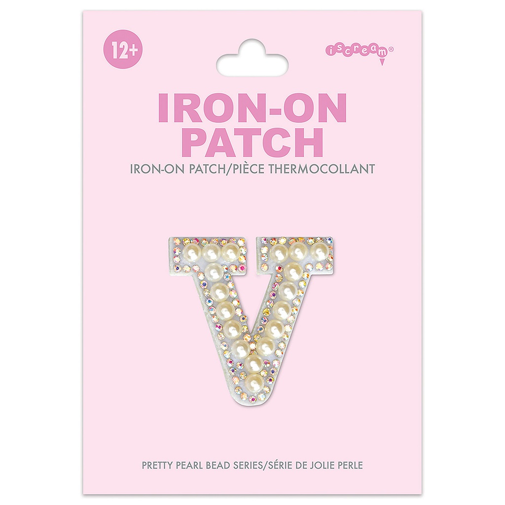 V Alphabet Pretty Pearl Bead Iron On Patch