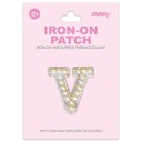 V Alphabet Pretty Pearl Bead Iron On Patch