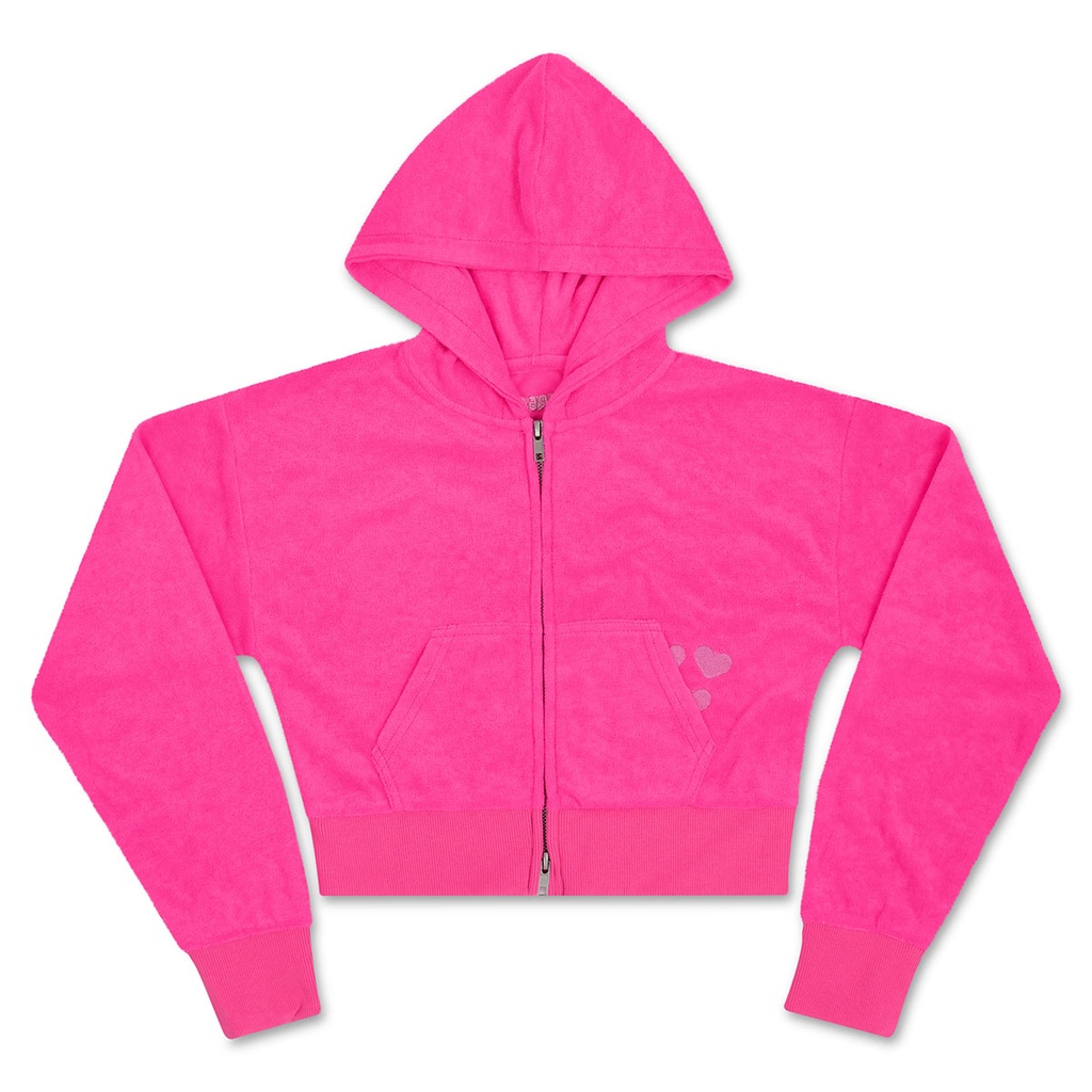 Hot Pink Terry Cropped Zip-Up Shirt